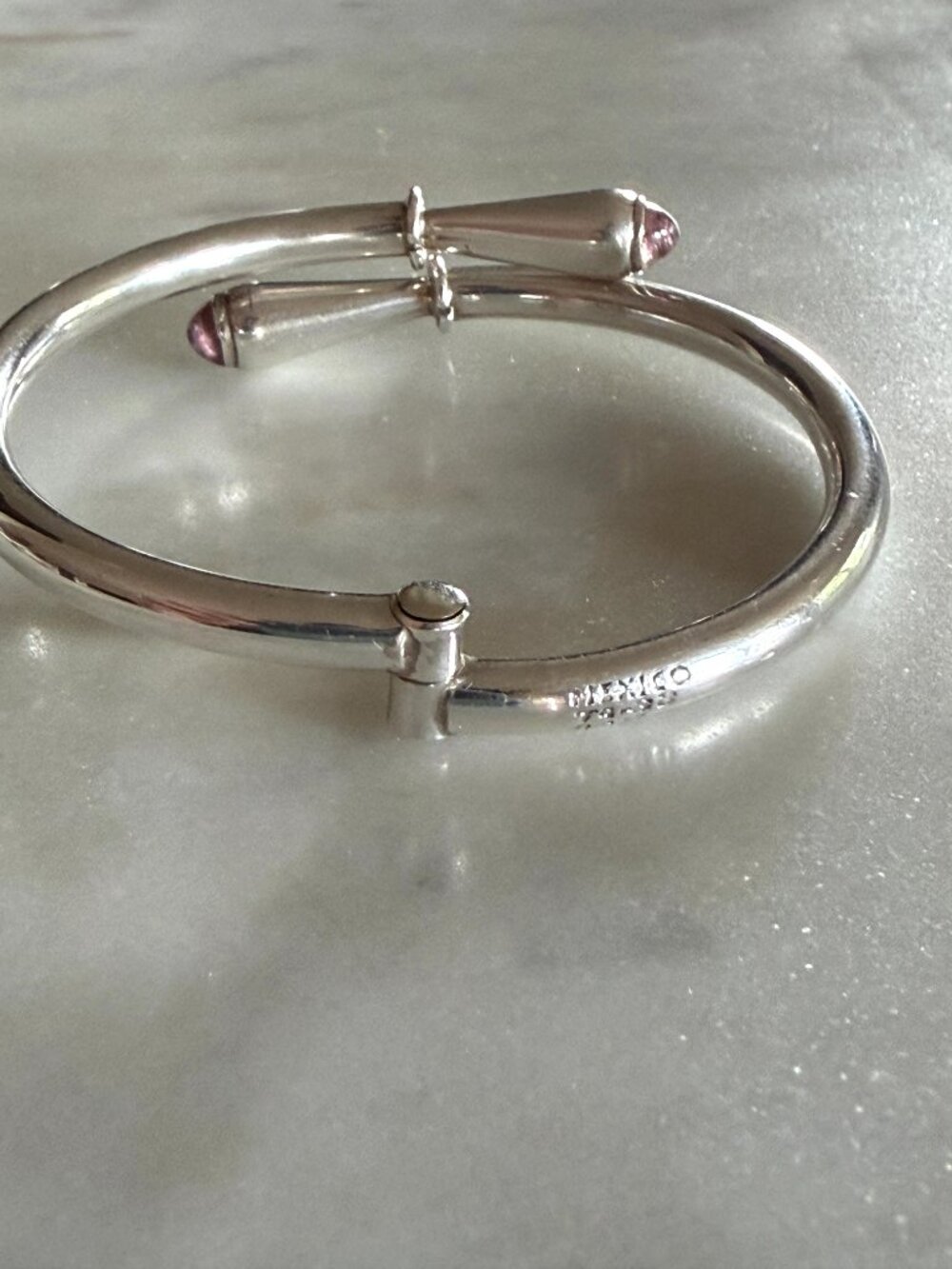 Sleek Taxco Sterling Silver Hinged Bracelet Pink Stones T4-38 21g
